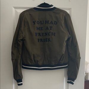 Olive Green Bomber Jacket with Black Lettering